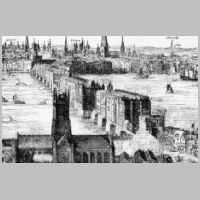 A 1616 etching by Claes Van Visscher, showing Old London Bridge with Southwark Priory (now the cathedral) in the foreground (Wikipedia).jpg